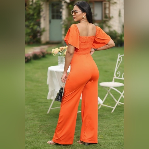 NWOT Orange Short Sleeve Wide Leg Jumpsuits - Picture 4 of 5
